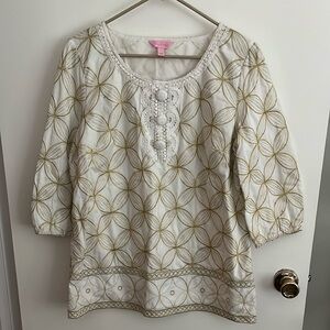 Women’s Lilly Pulitzer Size L Shannon Gold Embroidered Tunic Top 3/4 Sleeves